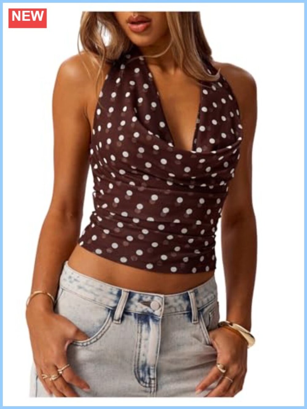 Polka Dot Halter Crop Top Ruched Tie Backless Sleeveless High Stretch Summer